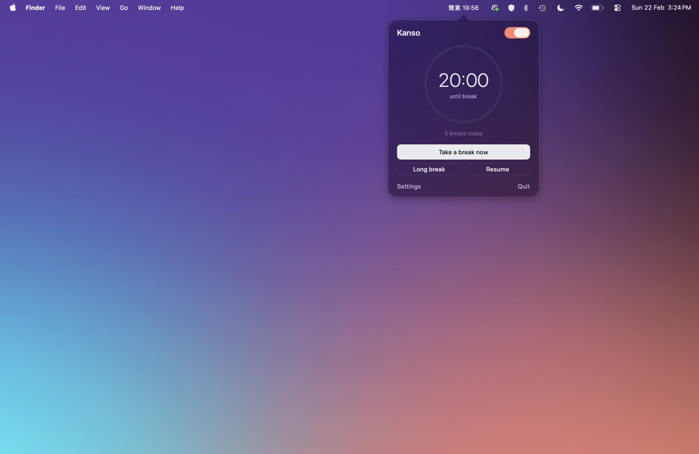 Kanso in the Mac menu bar with break controls visible